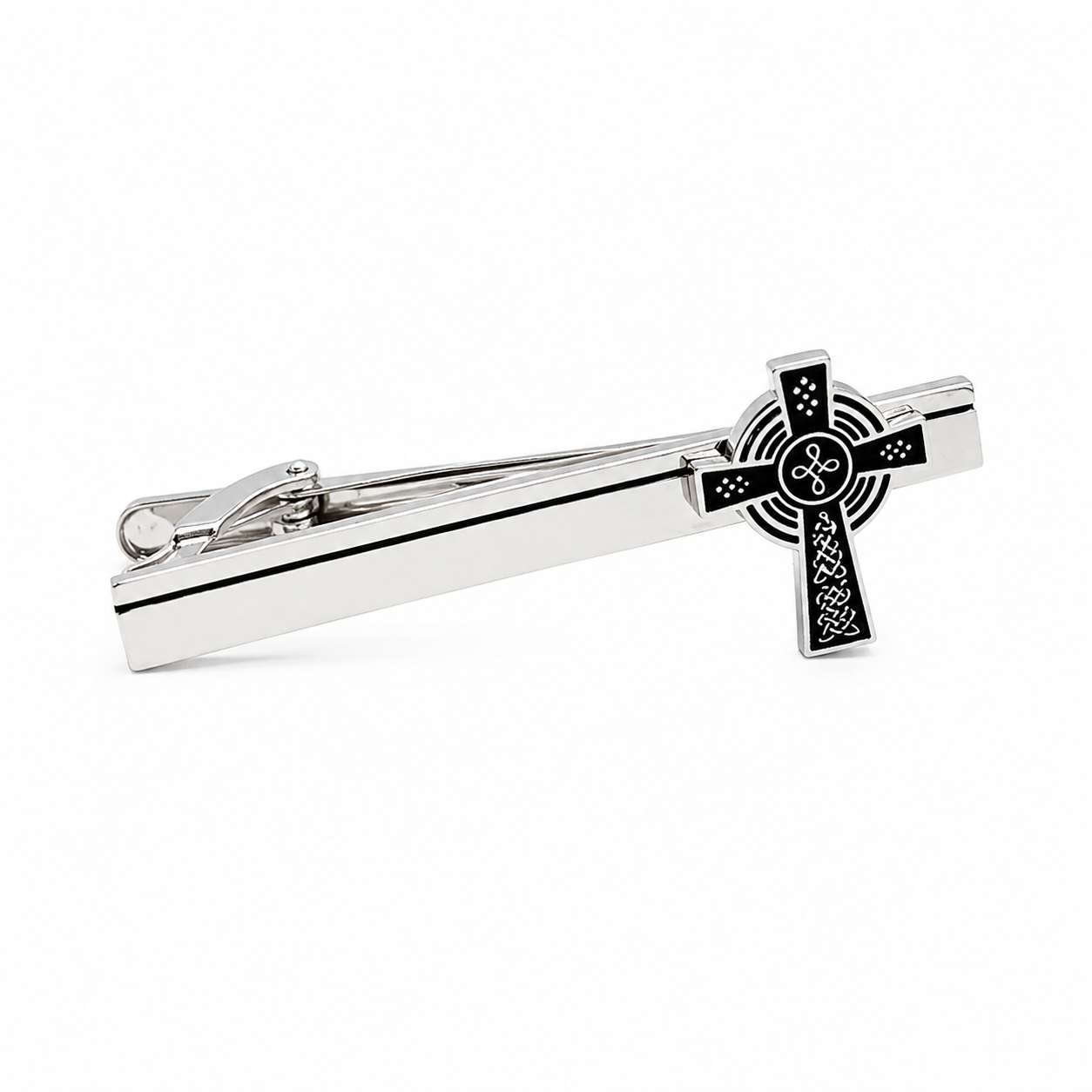 Silver tie clip with Celtic cross design on a white background