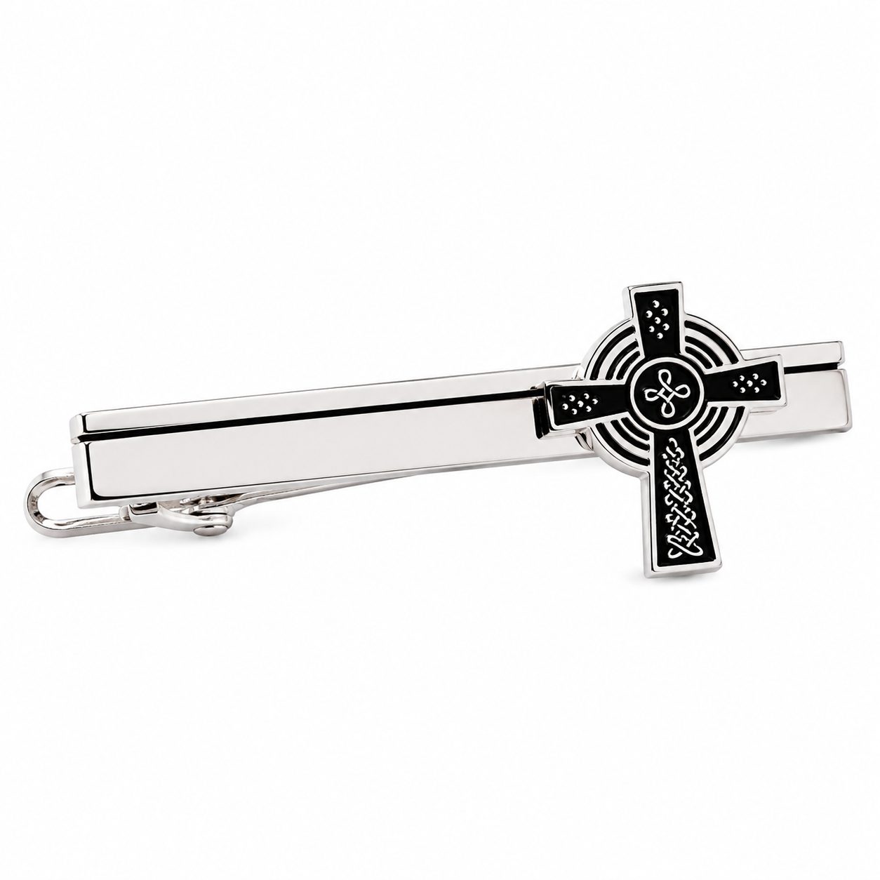 Silver tie clip with black Celtic cross design on a white background