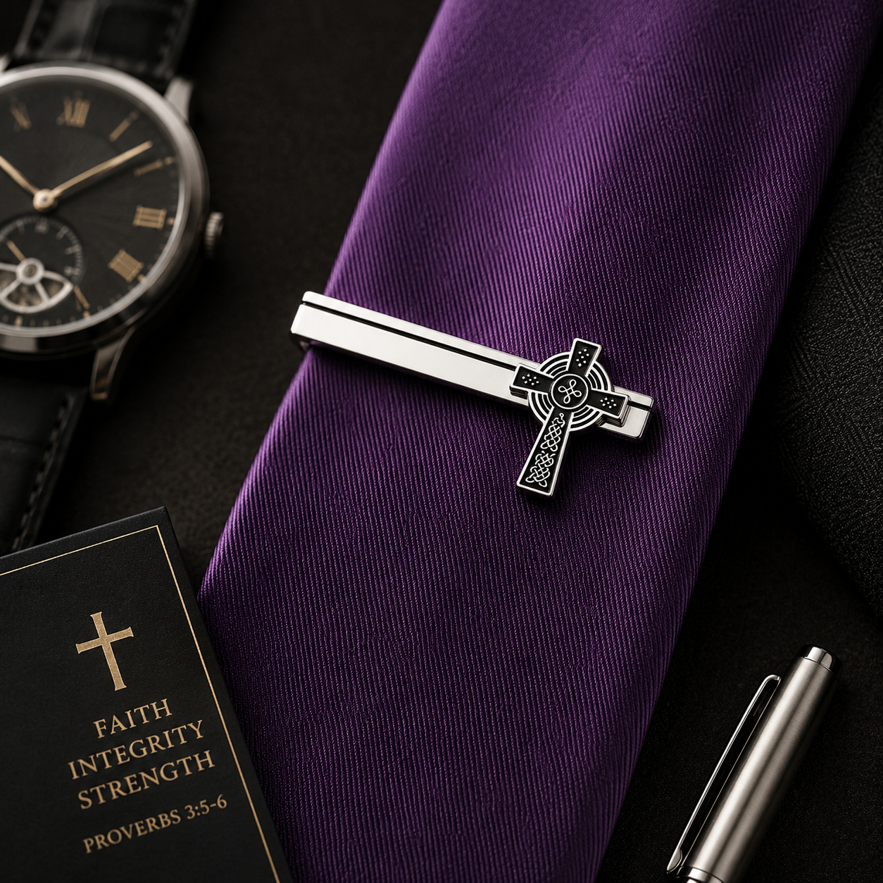 Silver tie clip on a purple tie with a watch, book, and pen in the background.
