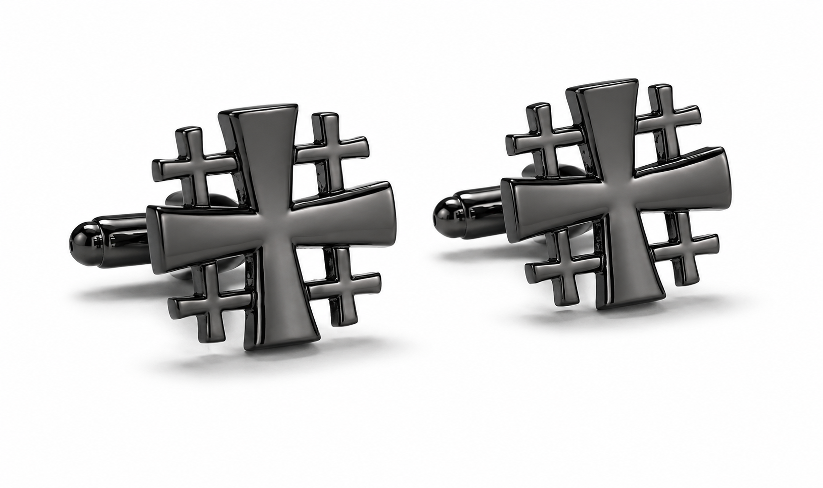 Pair of Gunmetal Jerusalem Cross Cut-Out Cufflinks featuring a modern Christian design with a premium gunmetal finish for men's formal wear.