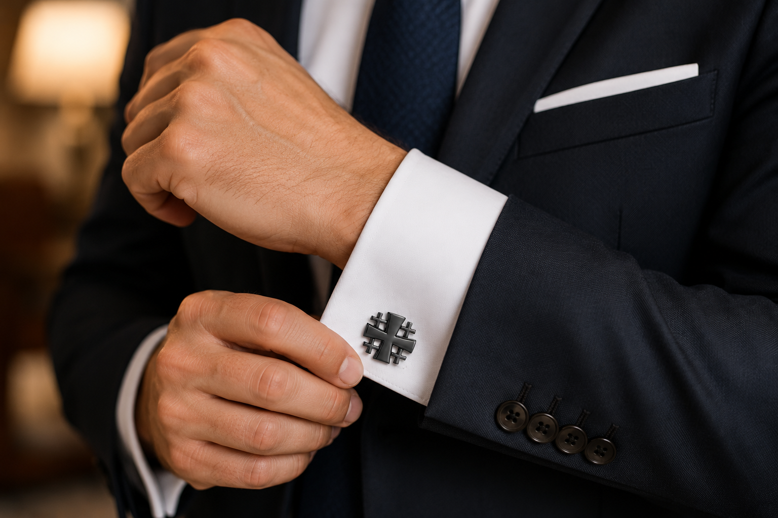 Pair of Gunmetal Jerusalem Cross Cut-Out Cufflinks featuring a modern Christian design with a premium gunmetal finish for men's formal wear.