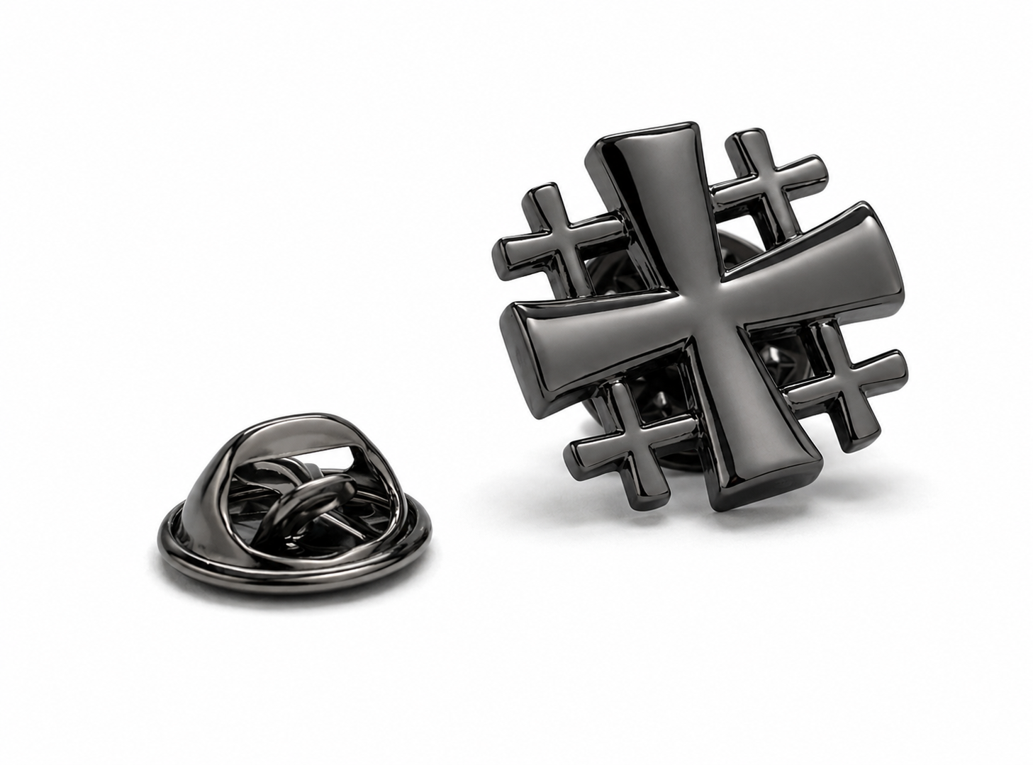 Gunmetal Jerusalem Cross Cut-Out Lapel Pin featuring a modern Christian cross design with a premium gunmetal finish and secure butterfly clutch backing.