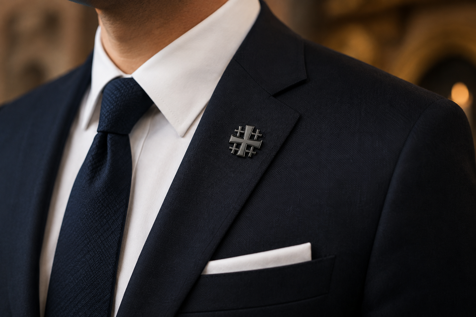 Gunmetal Jerusalem Cross Cut-Out Lapel Pin featuring a modern Christian cross design with a premium gunmetal finish and secure butterfly clutch backing.