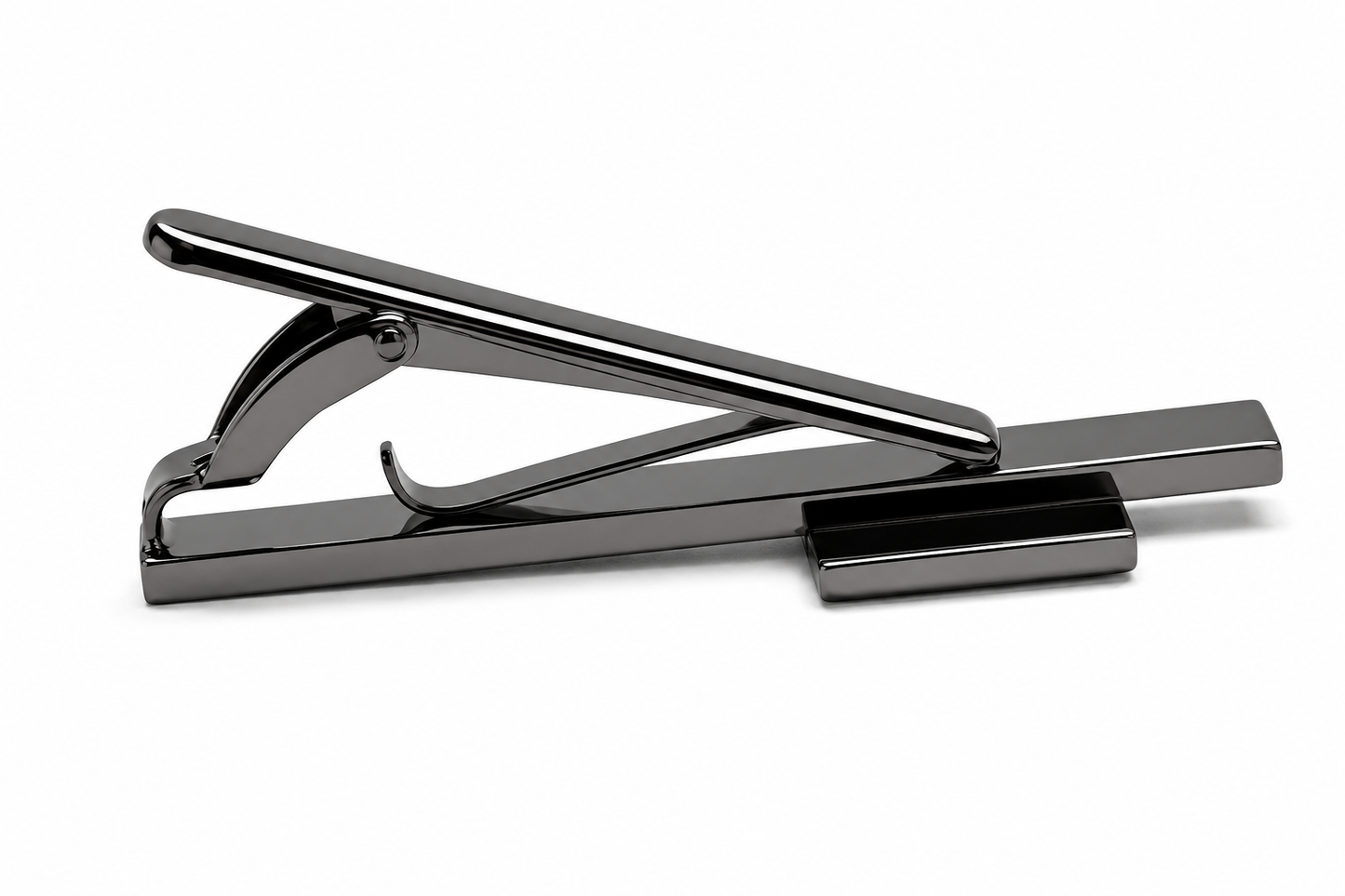 A polished dark metallic tie bar with a matching rectangular tie clip, shown on a clean white background.