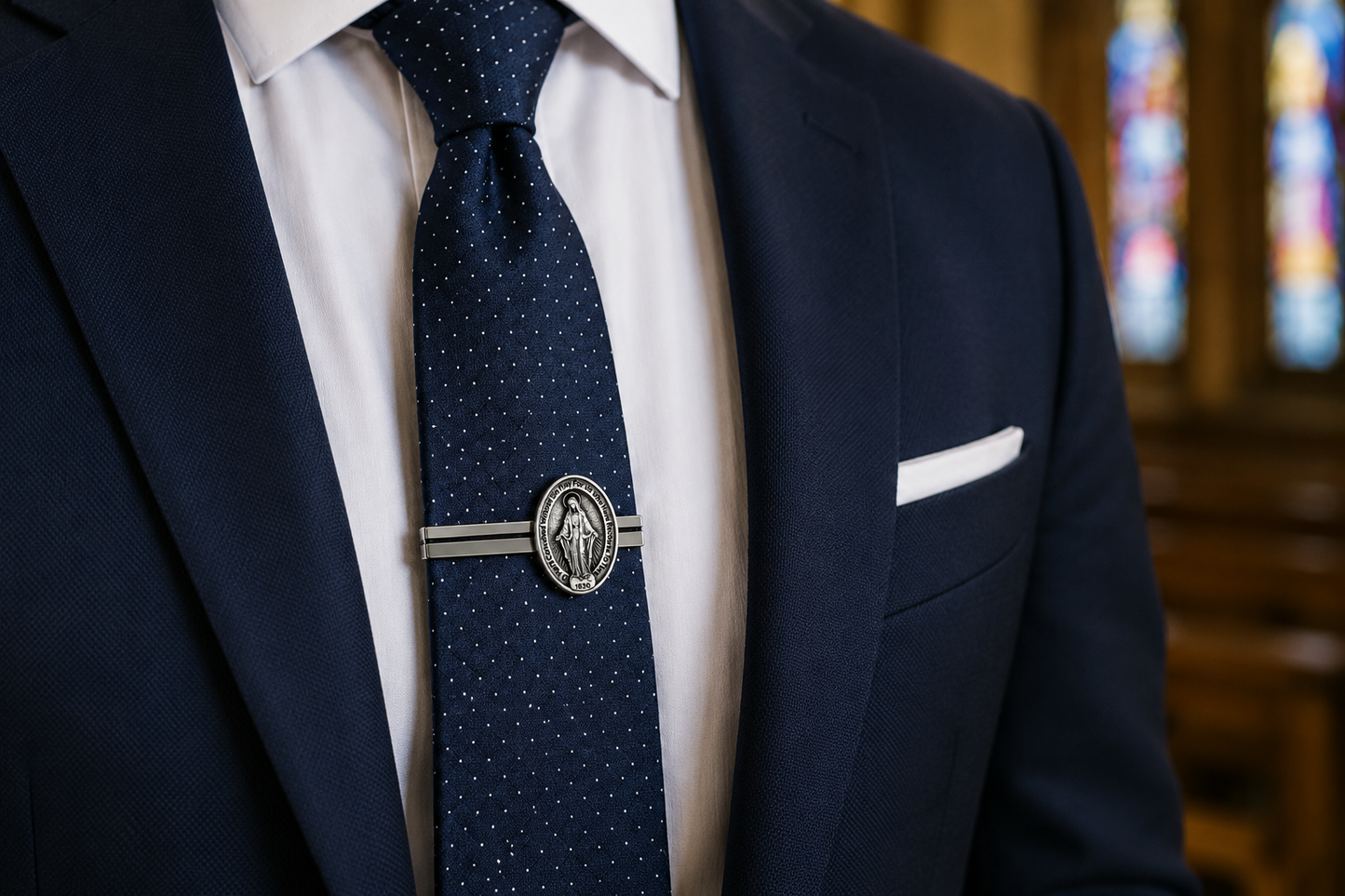 A close-up of a navy blue patterned tie with a silver-toned tie bar featuring a circular emblem, worn with a white dress shirt and navy suit jacket.