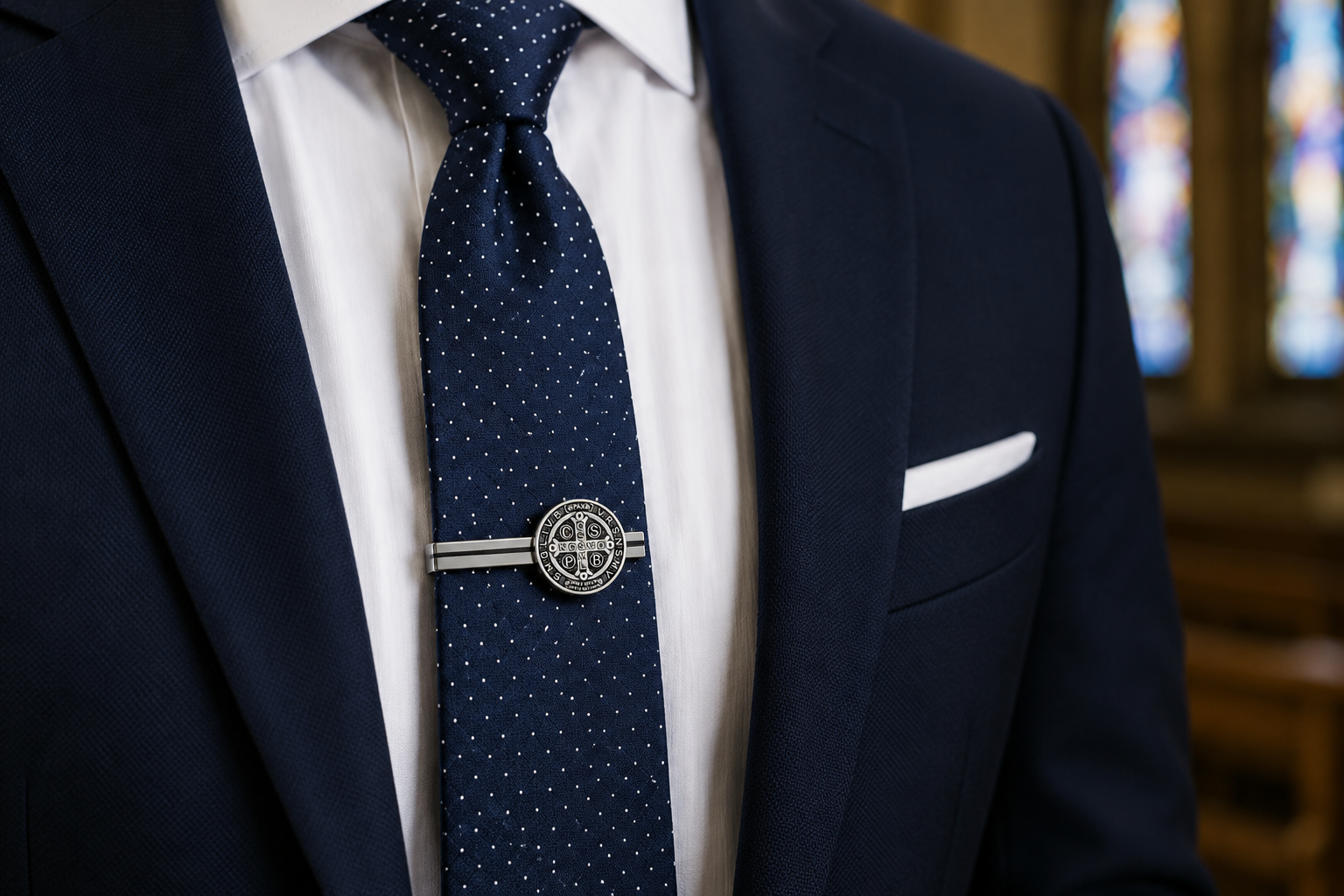 A close-up of a navy blue patterned tie with a silver-toned tie bar featuring a circular globe emblem Gunmetal St. Benedict Tie Clip worn with a white dress shirt and dark navy suit jacket.