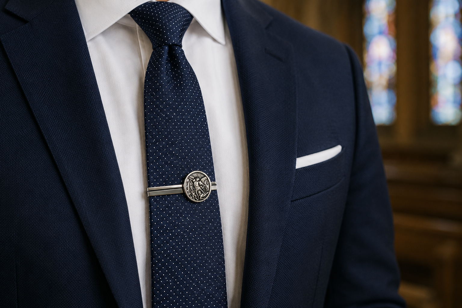 A close-up of a navy blue patterned tie with a silver-toned circular tie bar, worn with a white dress shirt and navy suit jacket.
