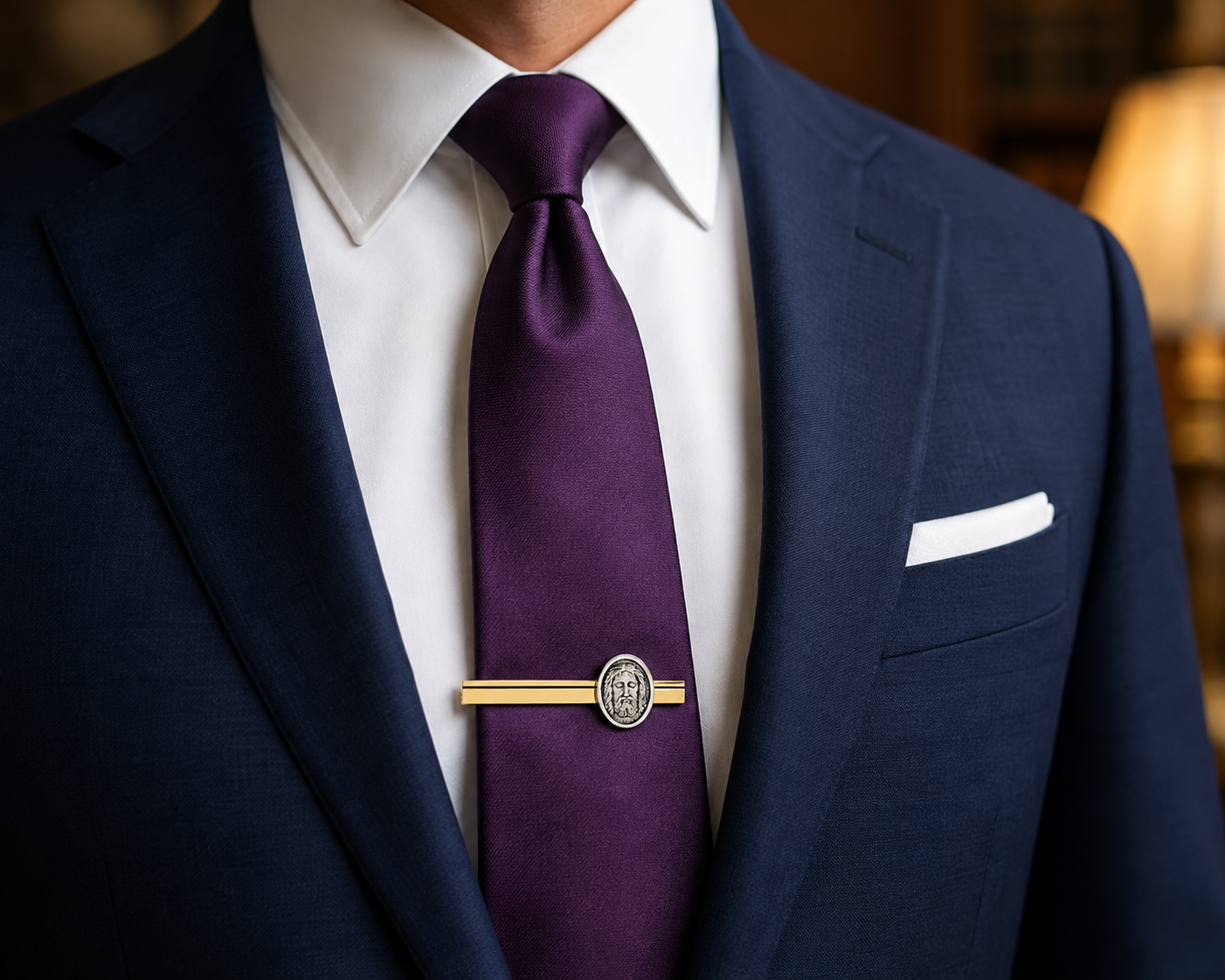 A close-up of a man's neck and chest wearing a navy blue suit jacket, white dress shirt, and a deep purple silk tie secured with a gold tie bar featuring a circular crest.