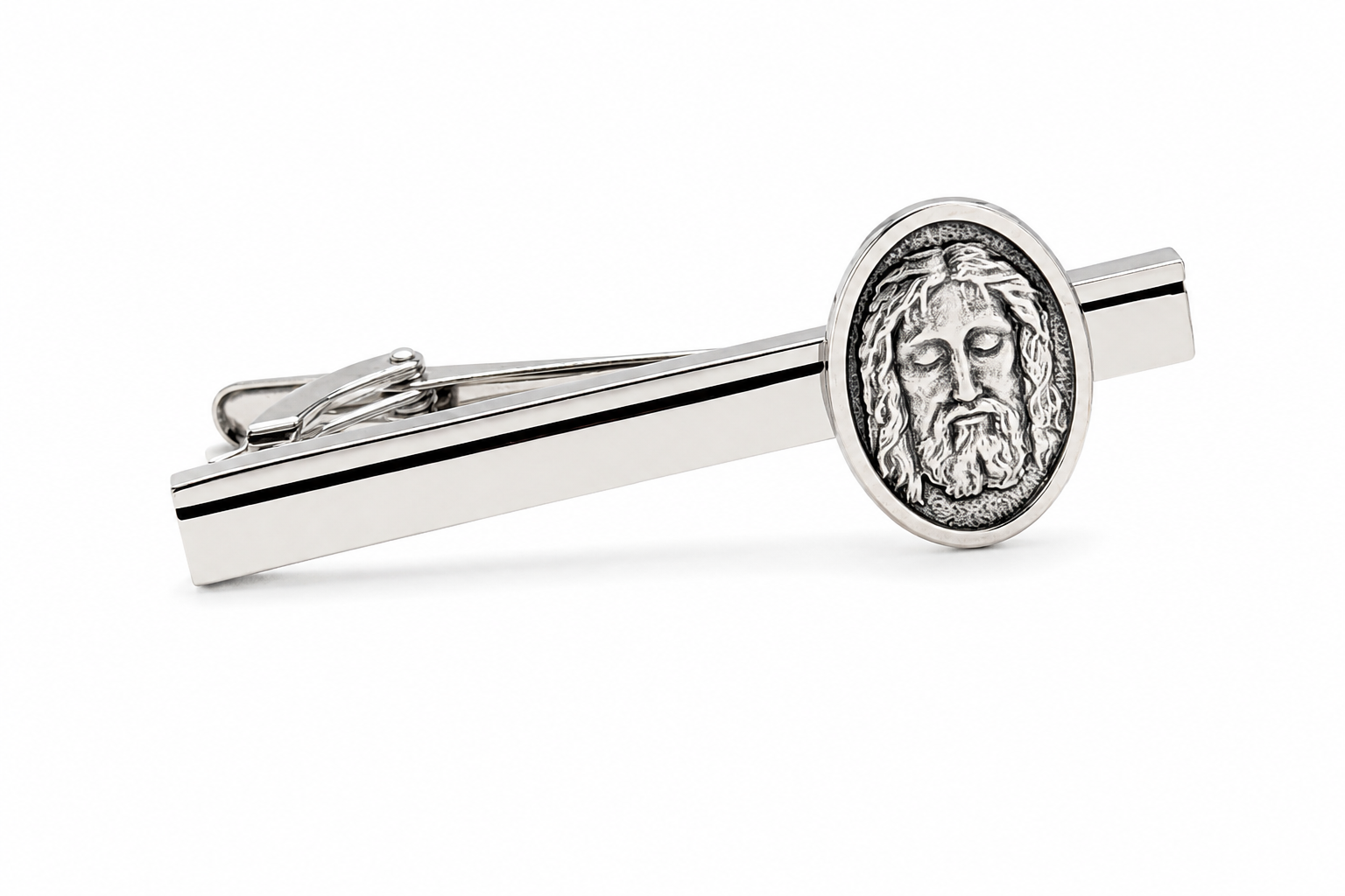 silver Jesus face tie clip close up detailed holy face medallion mens religious accessory