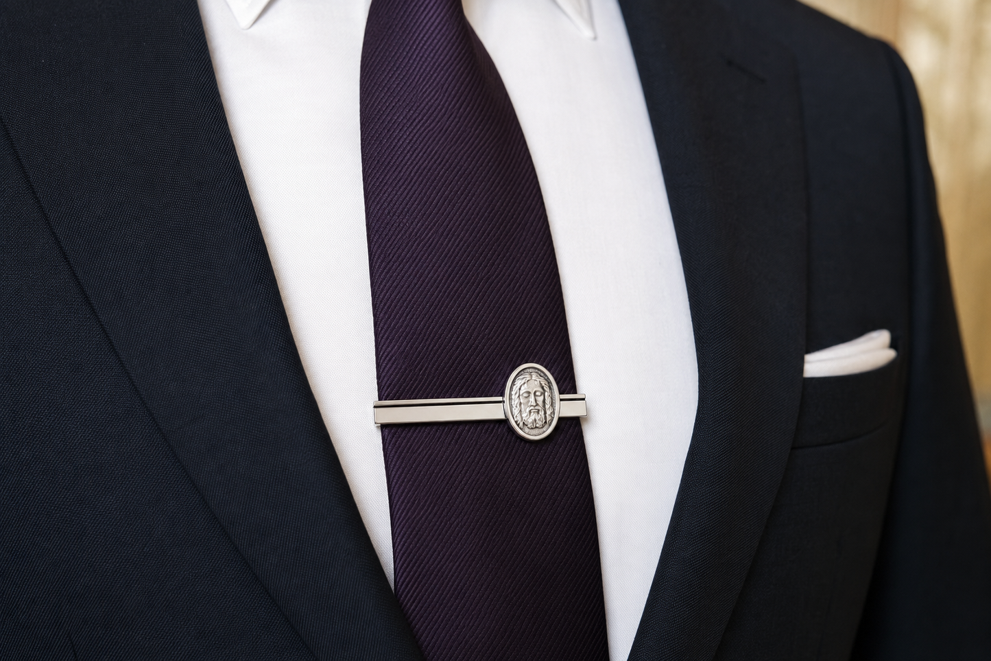 Christian tie clip with Jesus face design polished silver tie bar for church and formal wear