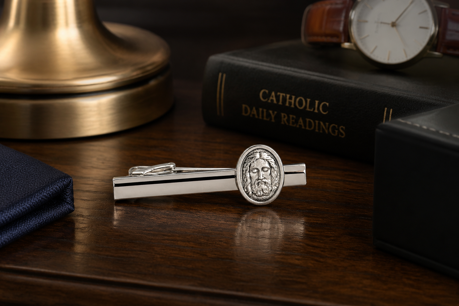 holy face tie clip mens christian jewelry silver tie bar with black accent line
