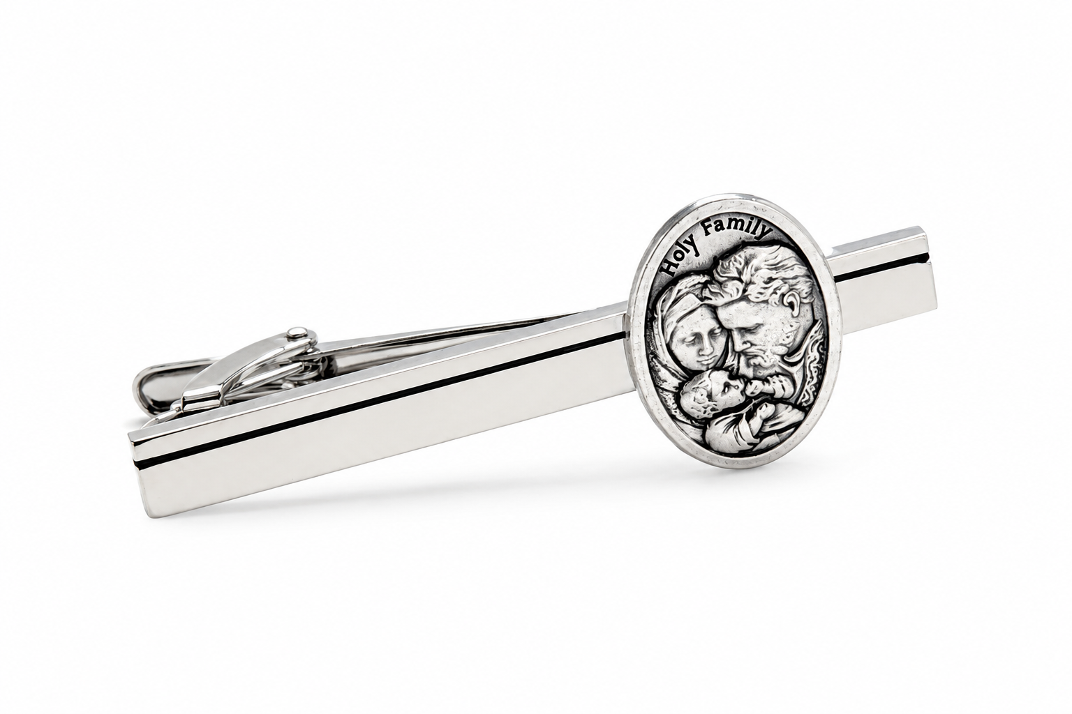 Holy Family tie clip silver Catholic tie bar featuring Jesus Mary Joseph medallion on white background
