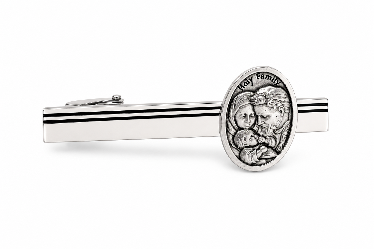 Christian mens tie clip Holy Family symbol polished silver tie bar gift for husband or dad