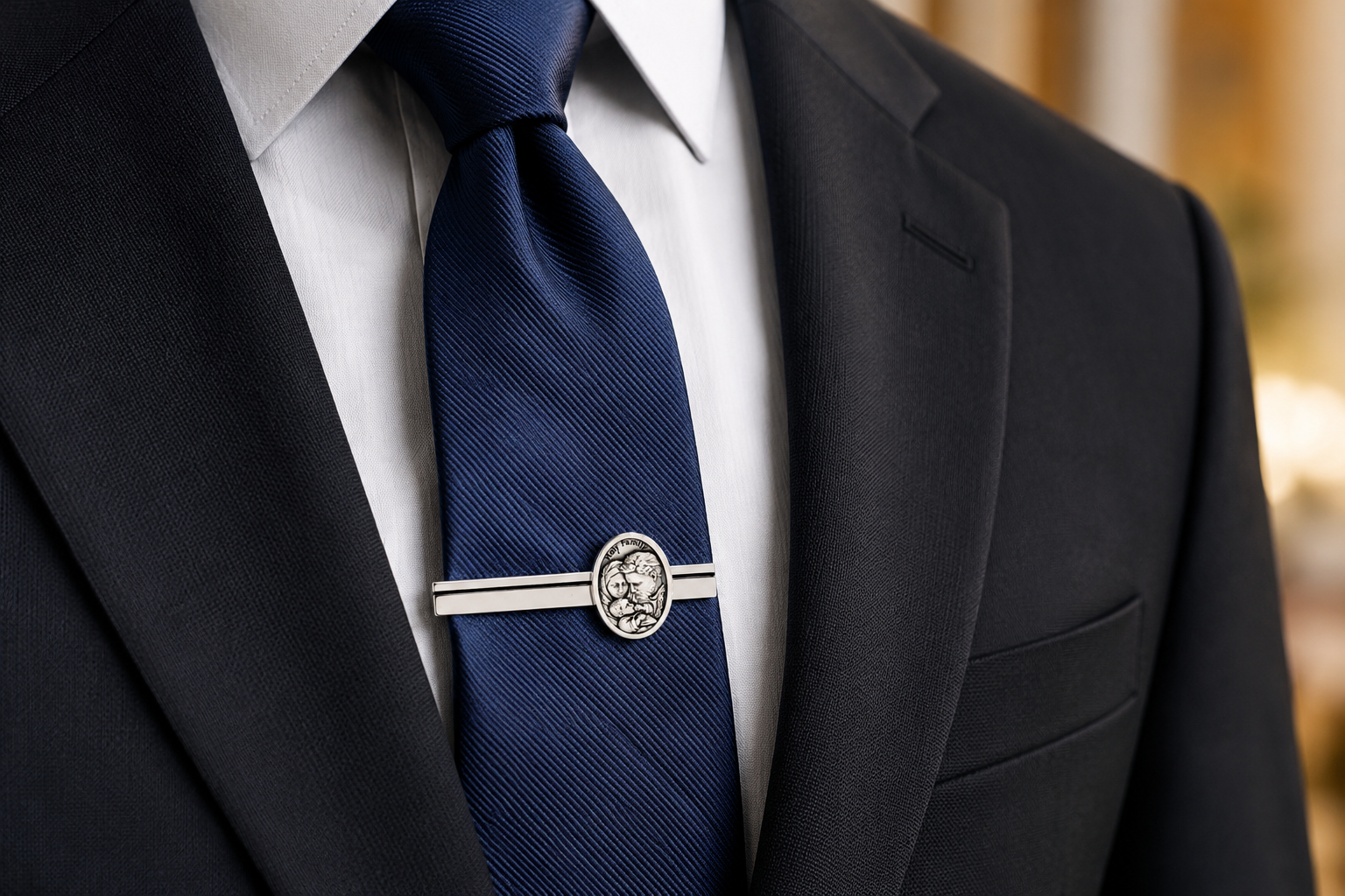 Catholic tie bar with Holy Family design elegant silver tie clip for church and formal wear
