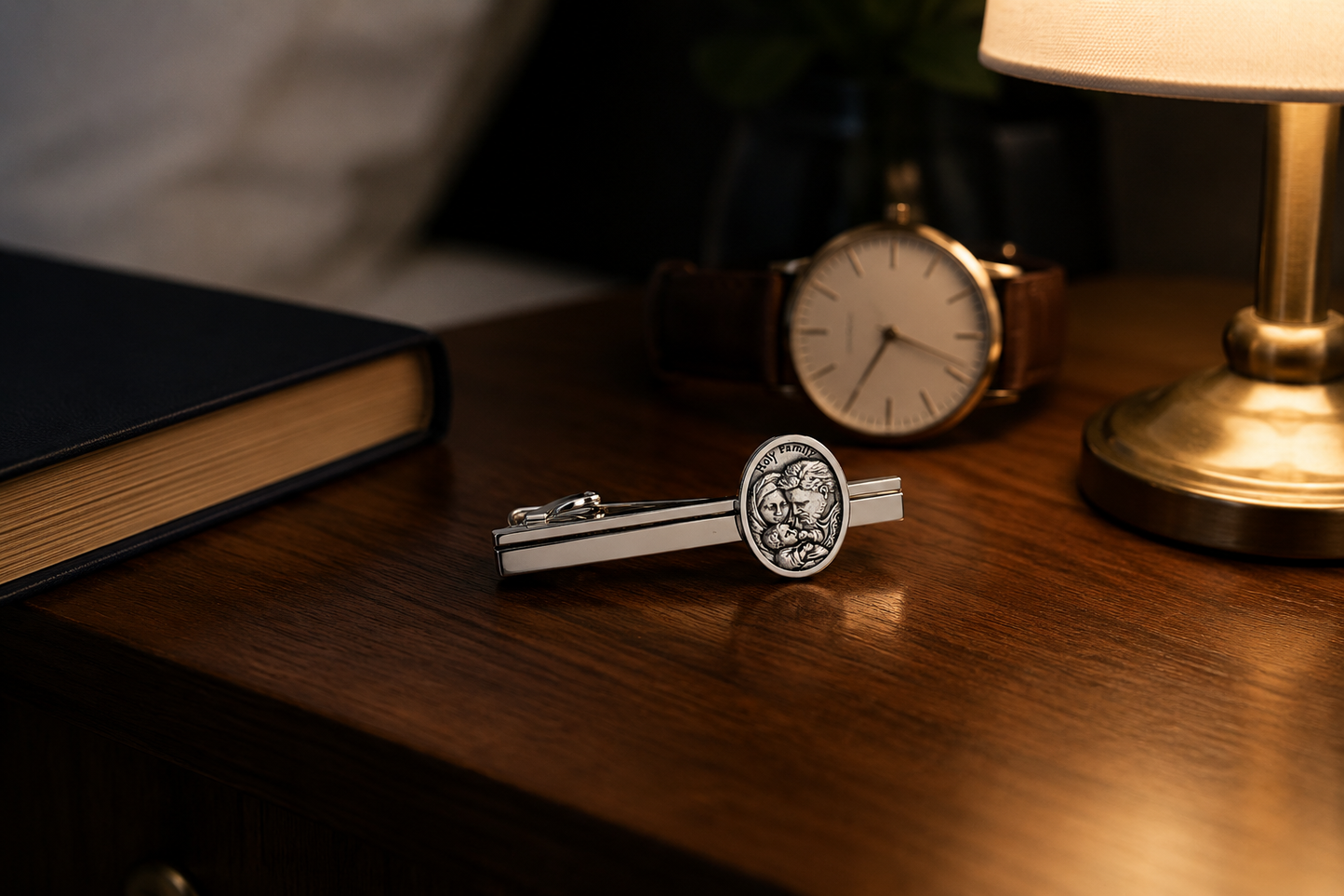 silver tie clip with engraved Holy Family medallion Christian gift for men wedding or church