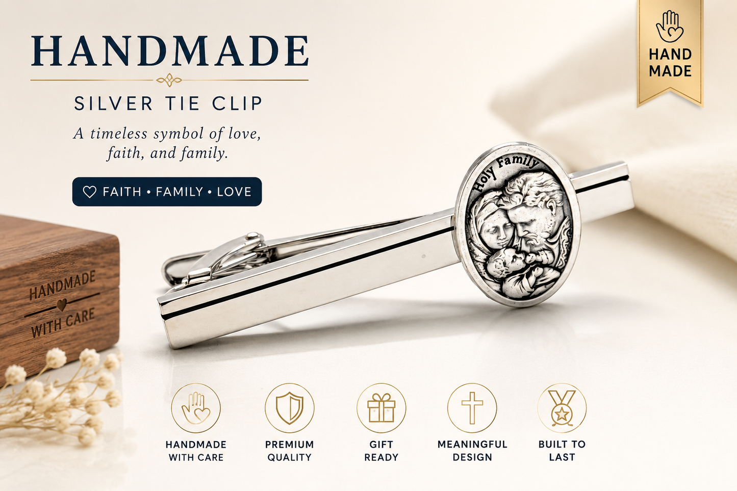 Silver tie clip with engraved design on a light background, featuring text about its symbolism.