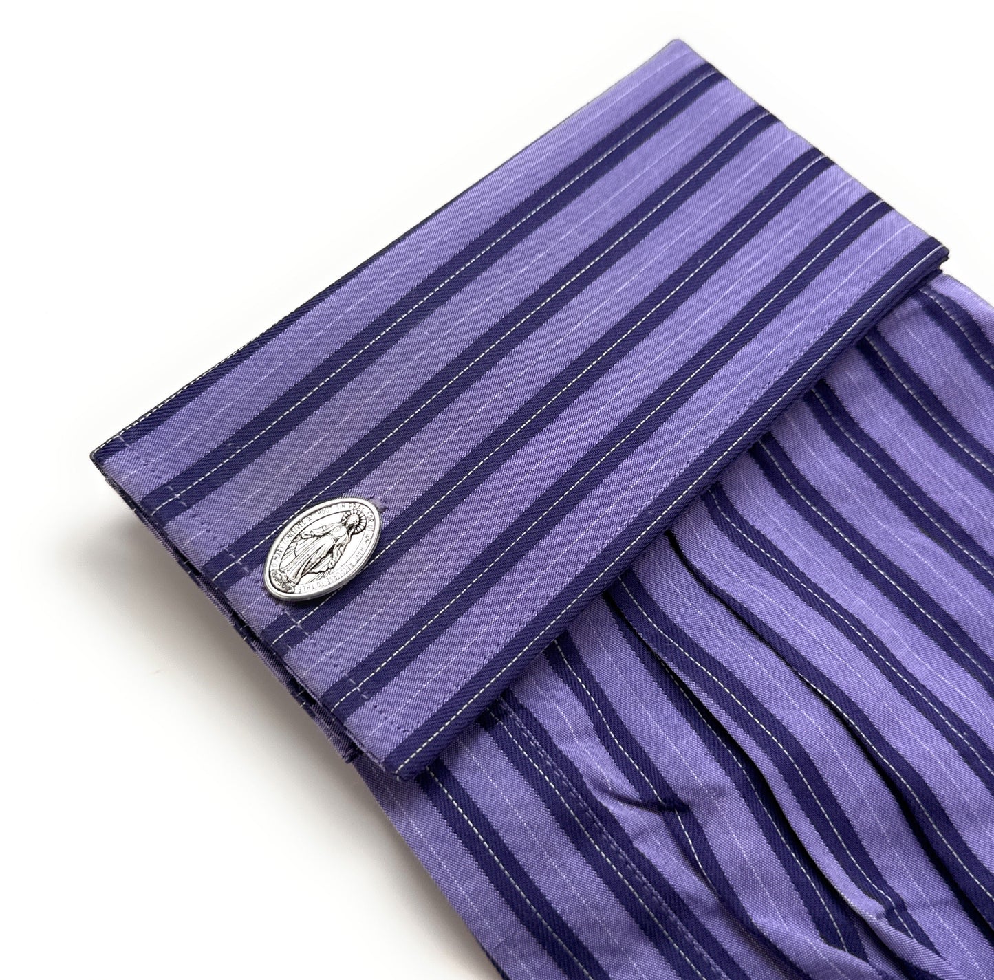 Purple striped shirt Marian devotional cufflinks for Mass and formal wear