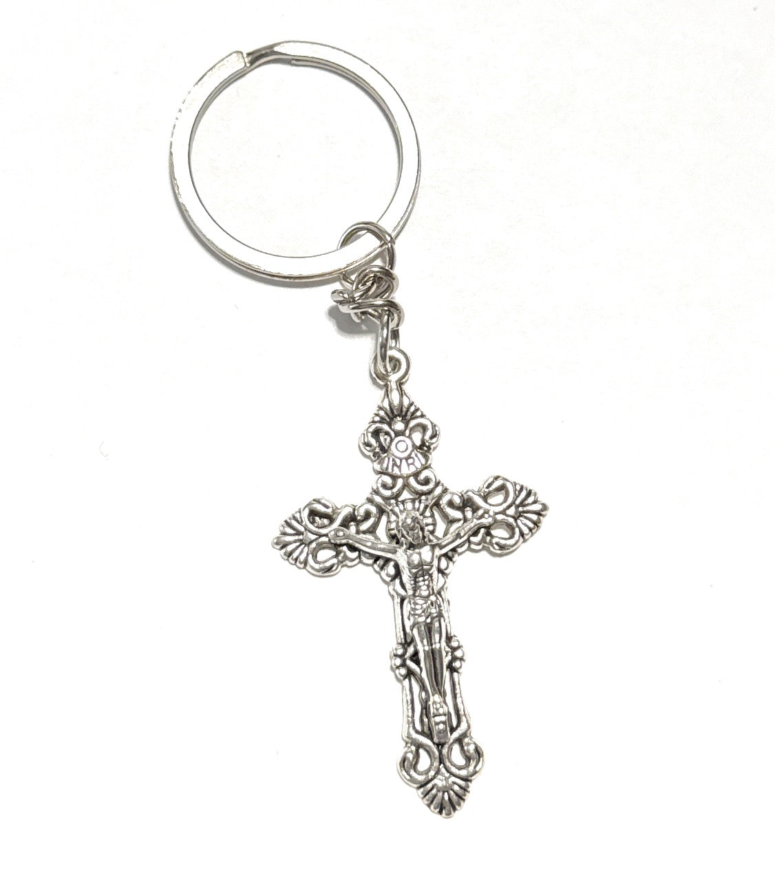 Silver crucifix cross keychain with detailed Christian religious cross pendant on metal key ring