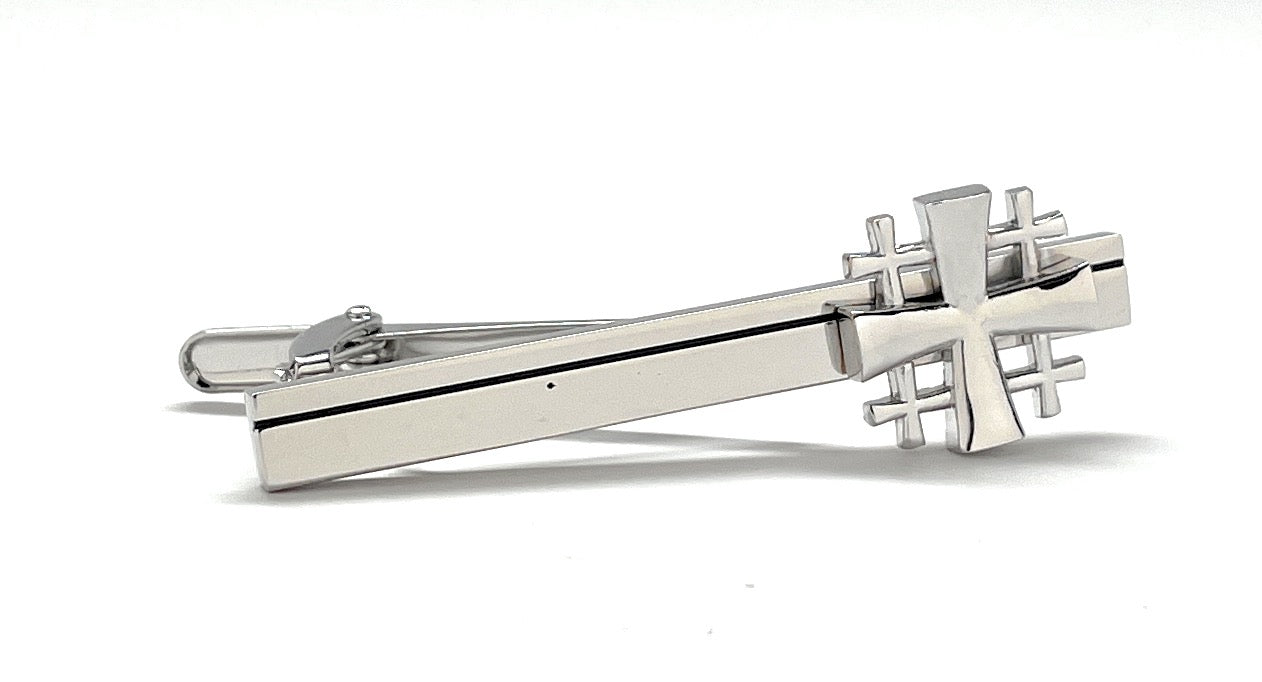 Jerusalem Cross silver tie bar for Christian men