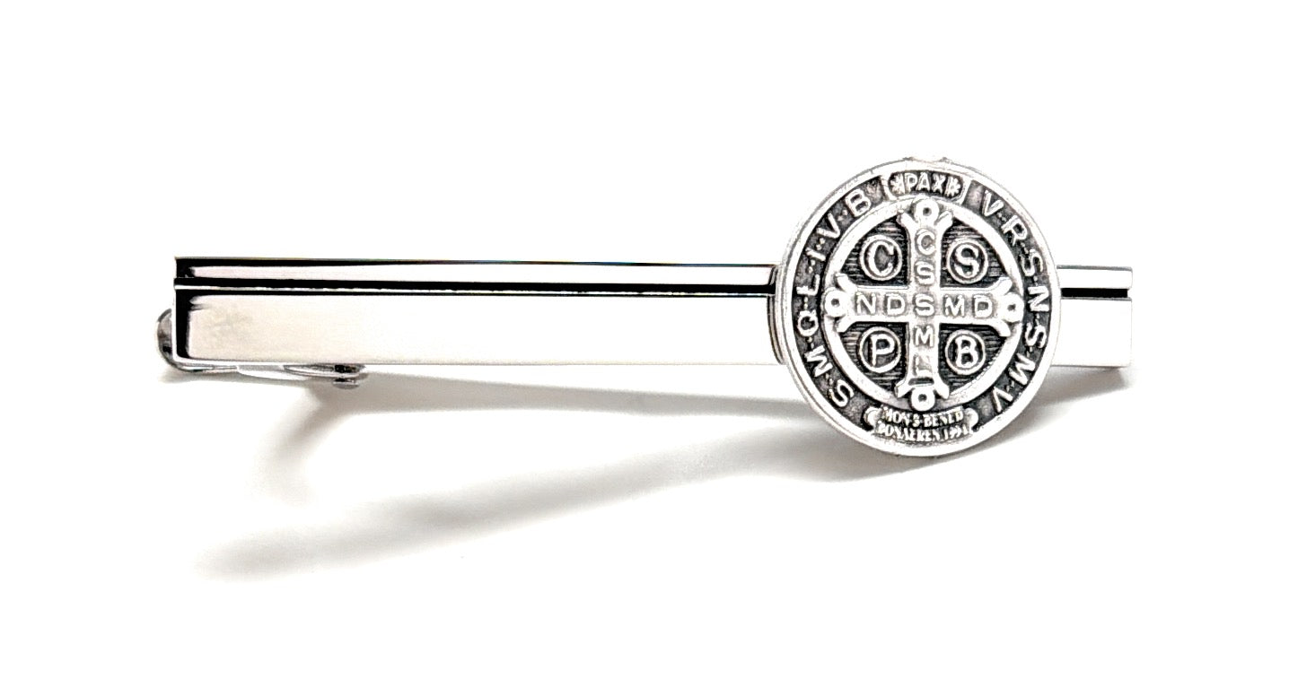 Christian tie clip St Benedict medal religious mens accessory
