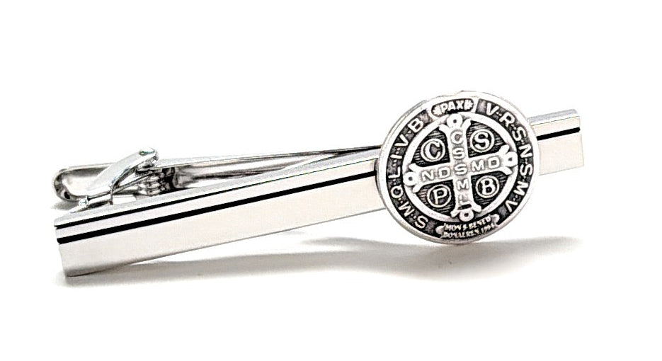 St Benedict tie clip for men silver Catholic tie bar with medal