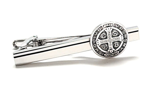 St Benedict tie clip for men silver Catholic tie bar with medal