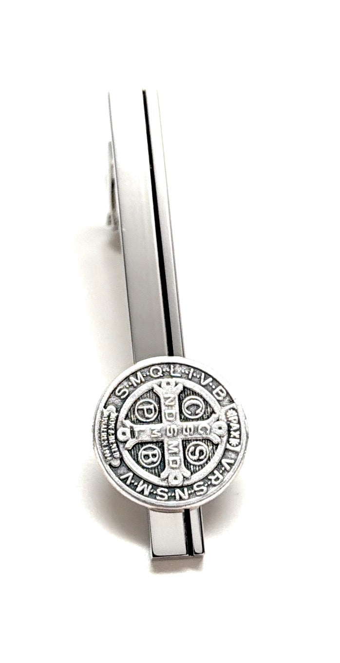 Faith based mens jewelry St Benedict medal tie clip close up
