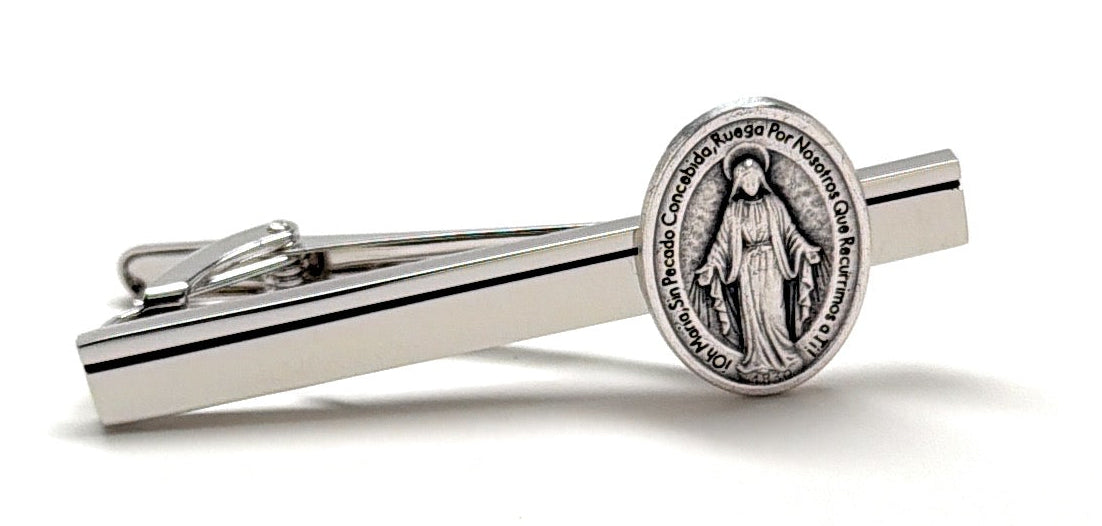 Silver tie clip with religious design on a white background Spanish Mother of Mary tie Clip