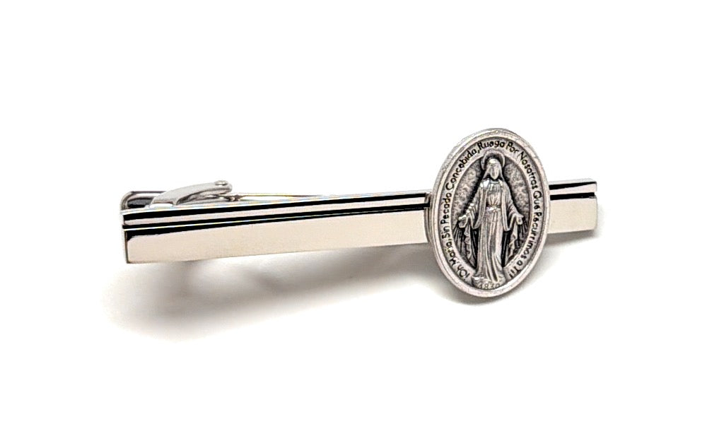Silver tie clip with religious design on a white background Spanish Mother of Mary tie Clip
