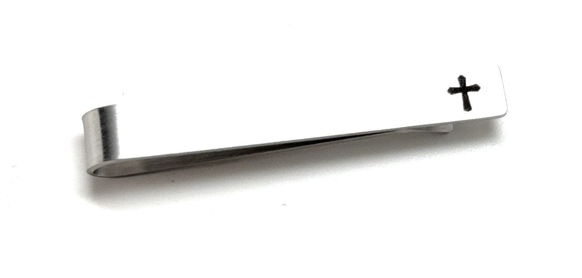 Black enamel cross tie bar for Christian men