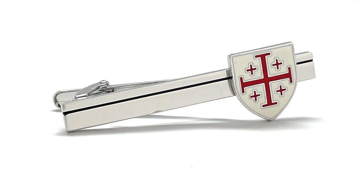 Jerusalem Cross shield silver tie clip with red and white enamel