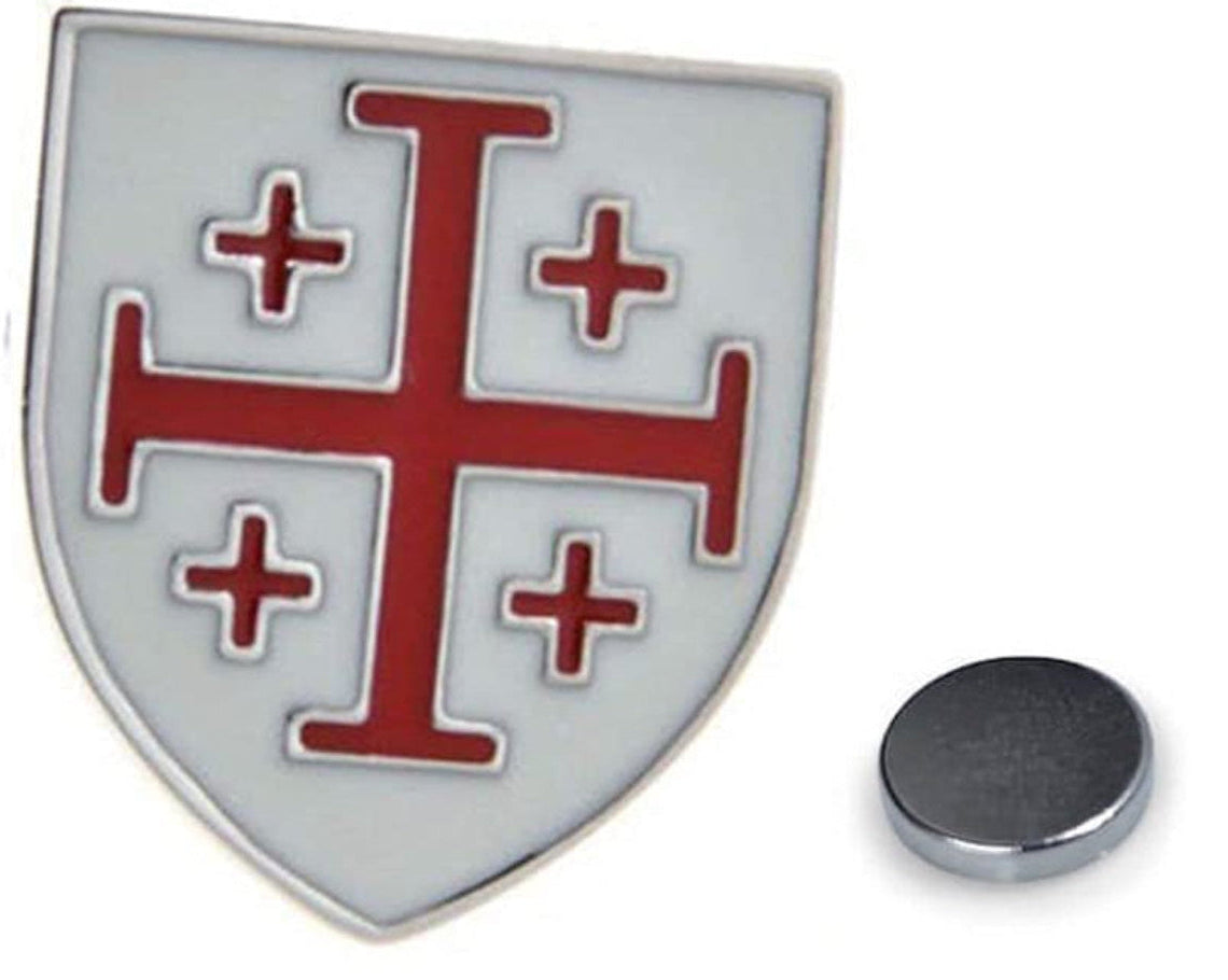 crusaders shield magnetic lapel pin red white