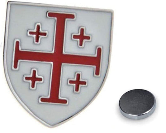 crusaders shield magnetic lapel pin red white