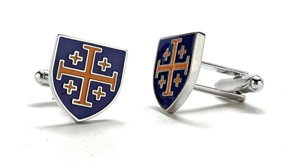 Jerusalem Cross shield cufflinks purple gold
