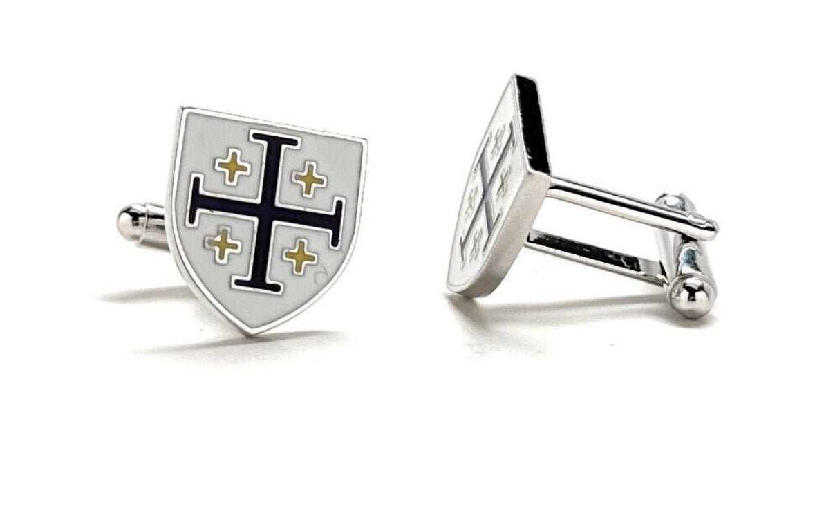 Silver crusader shield cufflinks front view