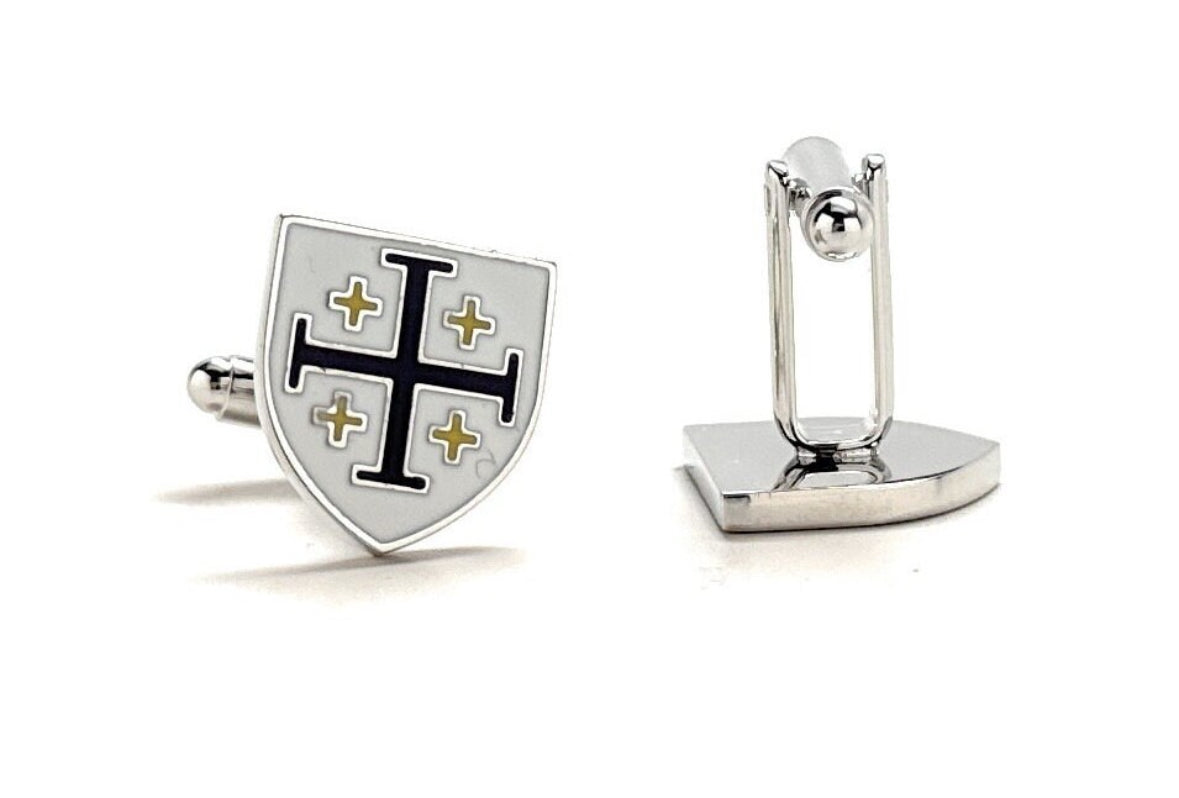 Side view of Jerusalem cross cufflinks with bullet-back closure