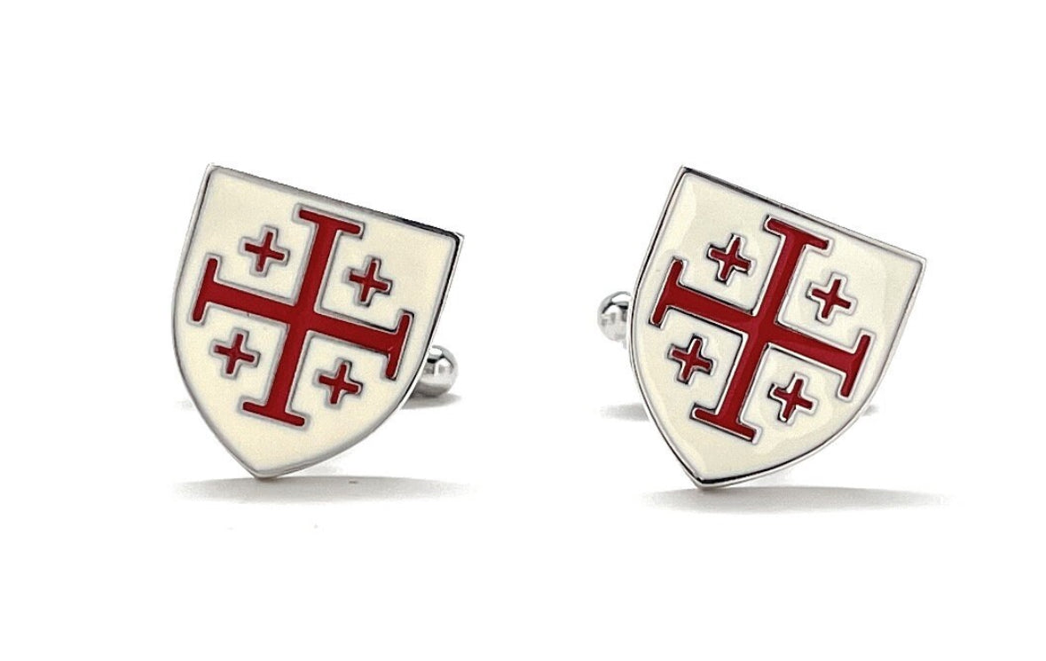 Jerusalem cross cufflinks white and red crusader shield