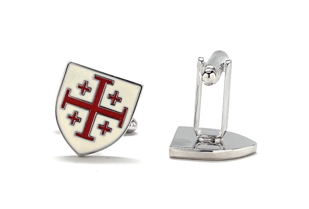 Jerusalem Cross Crusader Shield Cufflinks white and red enamel
