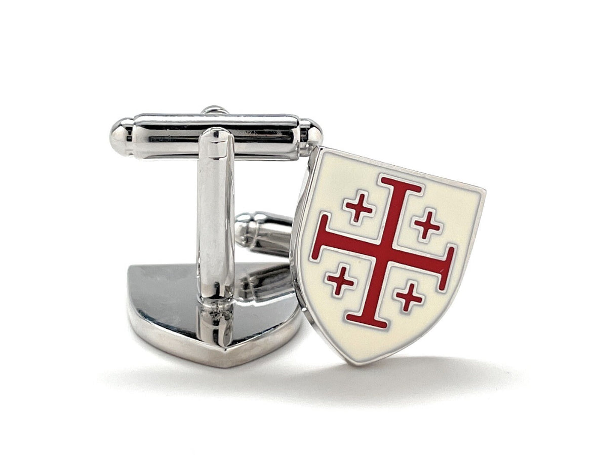 Side view of crusader shield cufflinks with bullet back