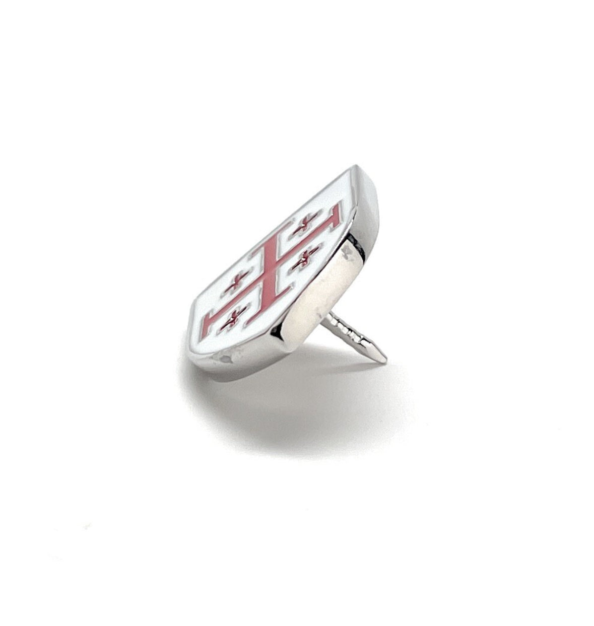 christian crusader shield lapel pin close up