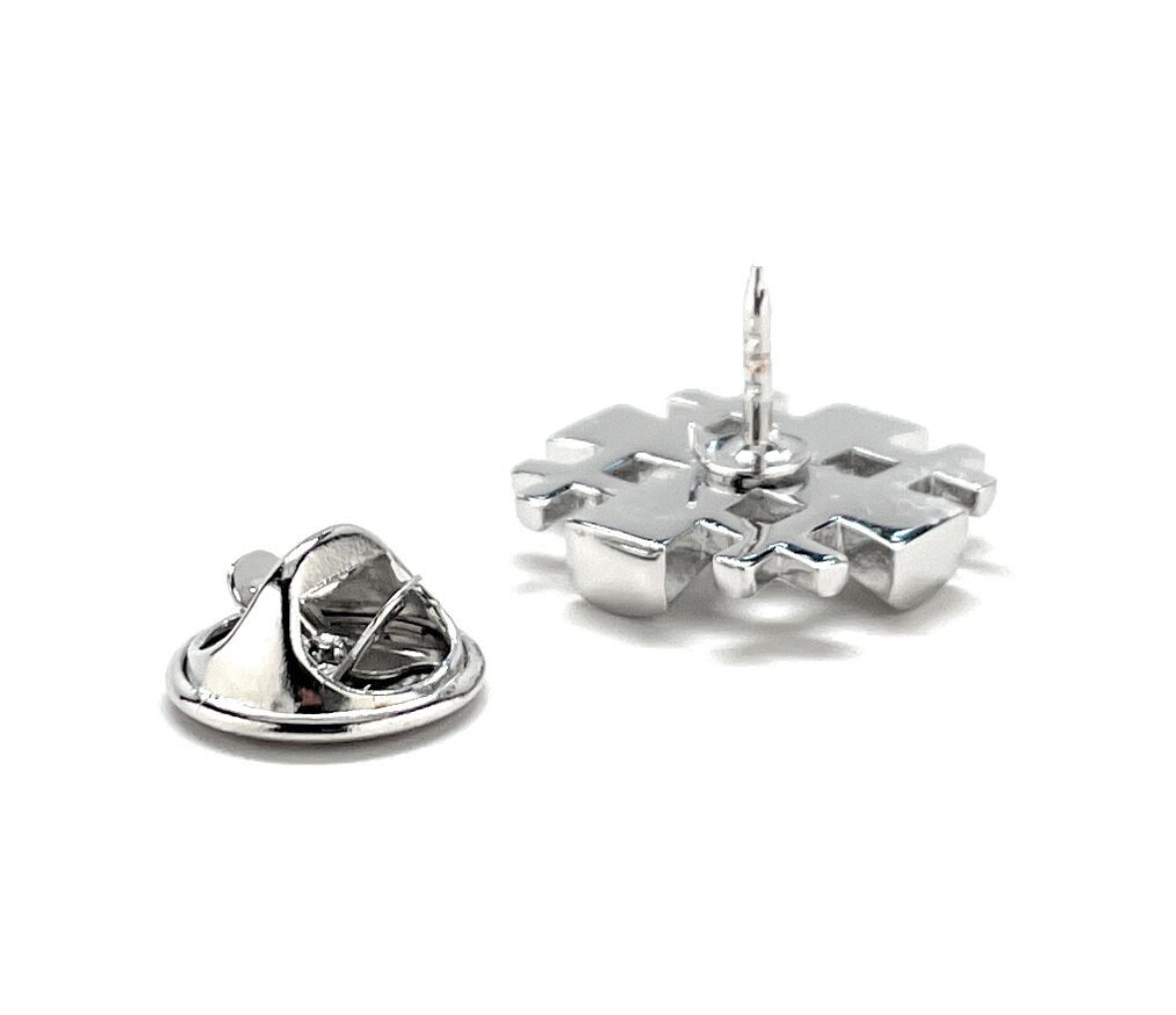 A silver-tone Jerusalem Cross lapel pin with a 3D butterfly back, showing an enamel pin with a reflective silver finish.