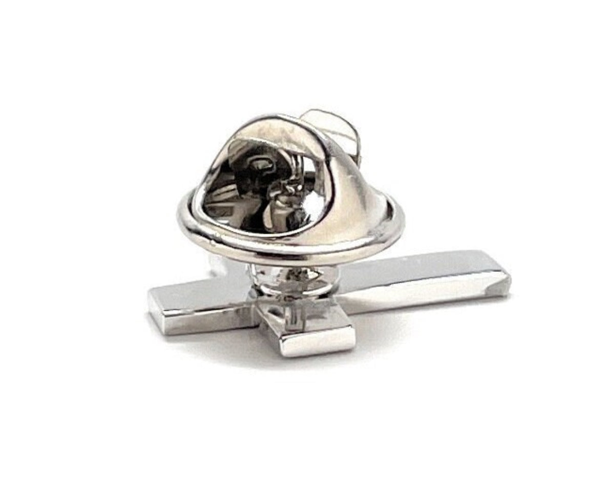 A silver-colored Christian cross lapel pin with a butterfly back, displayed against a white background.