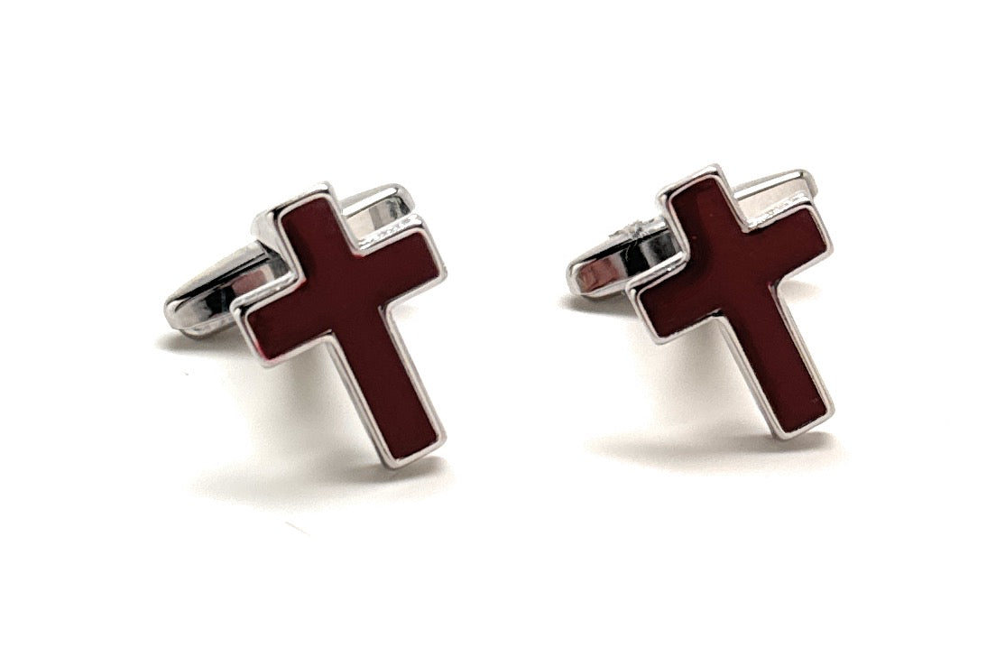 Men’s deep red enamel cross cufflinks with silver rhodium trim – Christian religious cuff links
