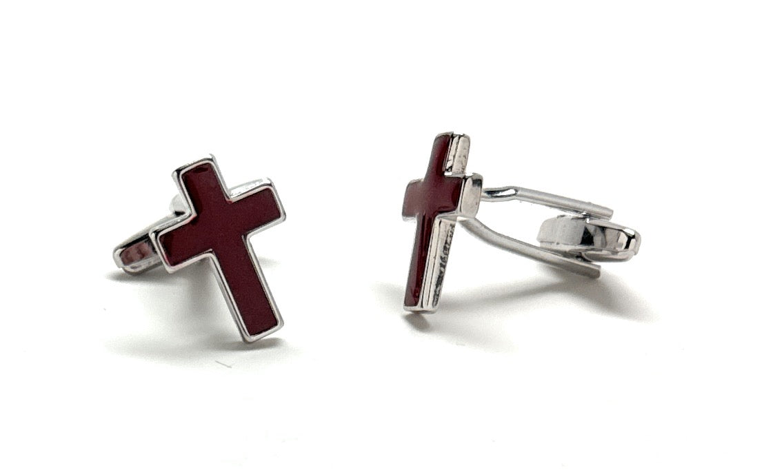 Red enamel Christian cross cufflinks for men with polished silver rhodium finish
