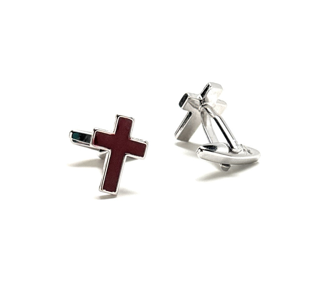 Silver rhodium cross cufflinks with deep red enamel detail for men of faith
