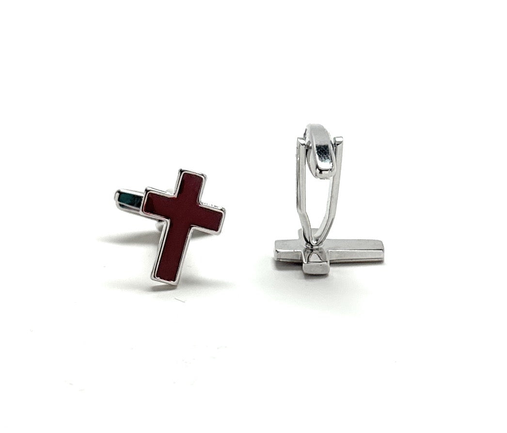 Christian cross cufflinks showing bullet back closure and red enamel cross
