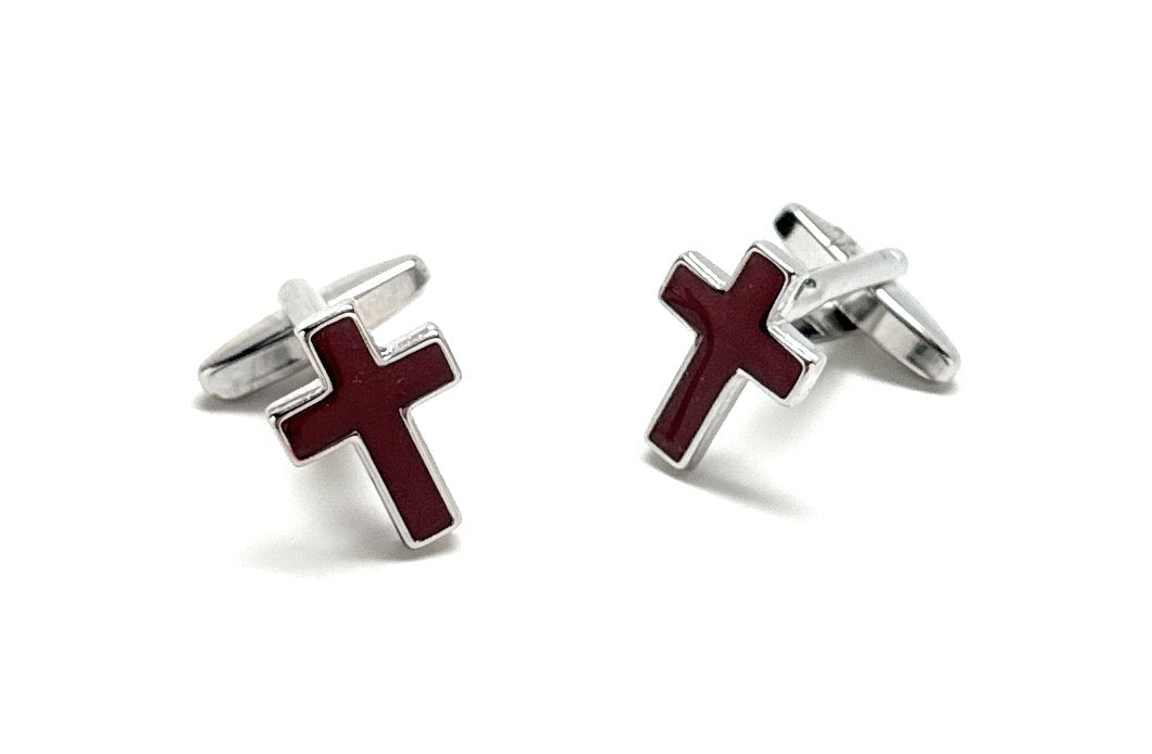 Christian cross cufflinks showing bullet back closure and red enamel cross
