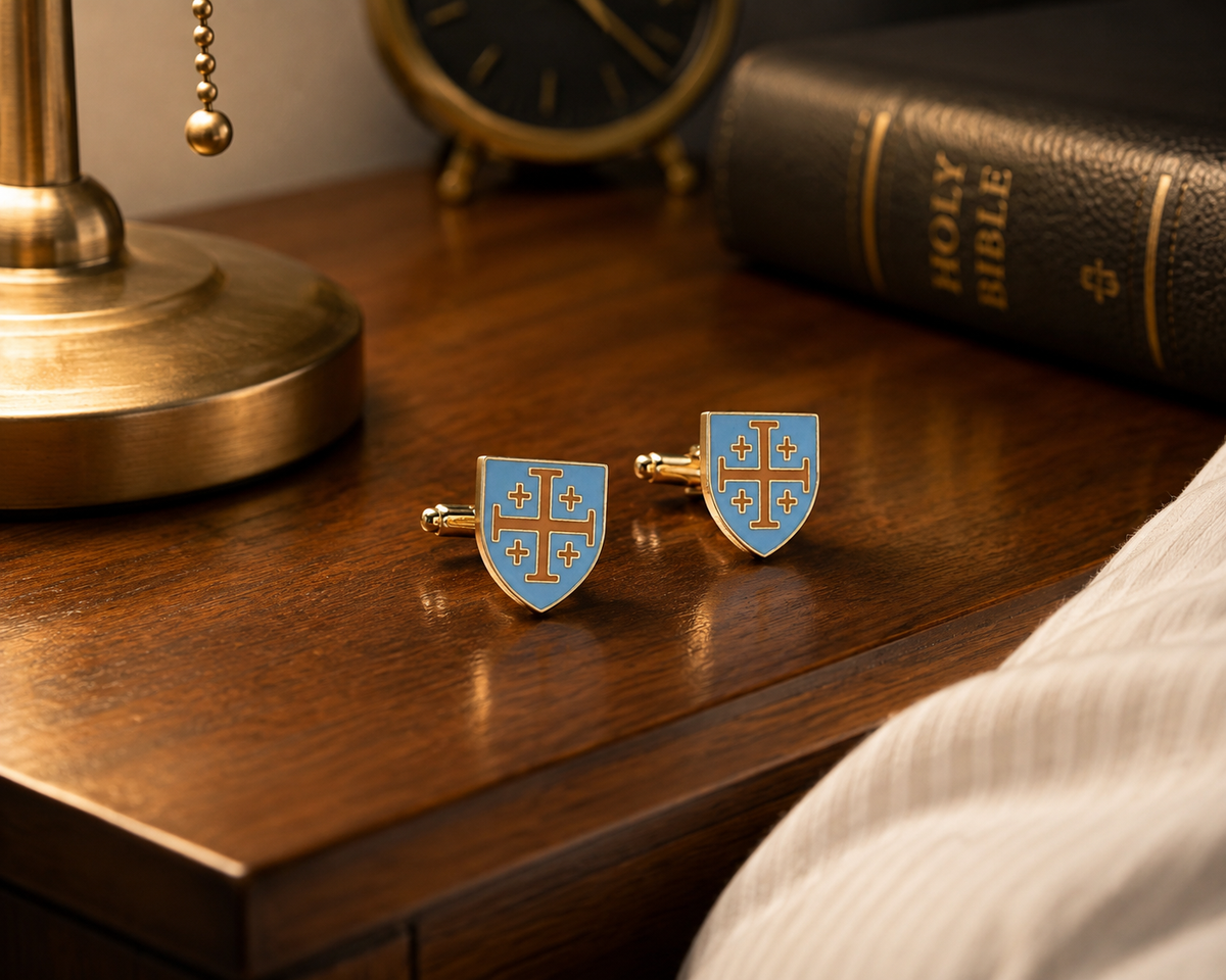 Jerusalem Cross Gold & Light Blue Enamel Cufflinks – Catholic Christian Dress Cuff Links