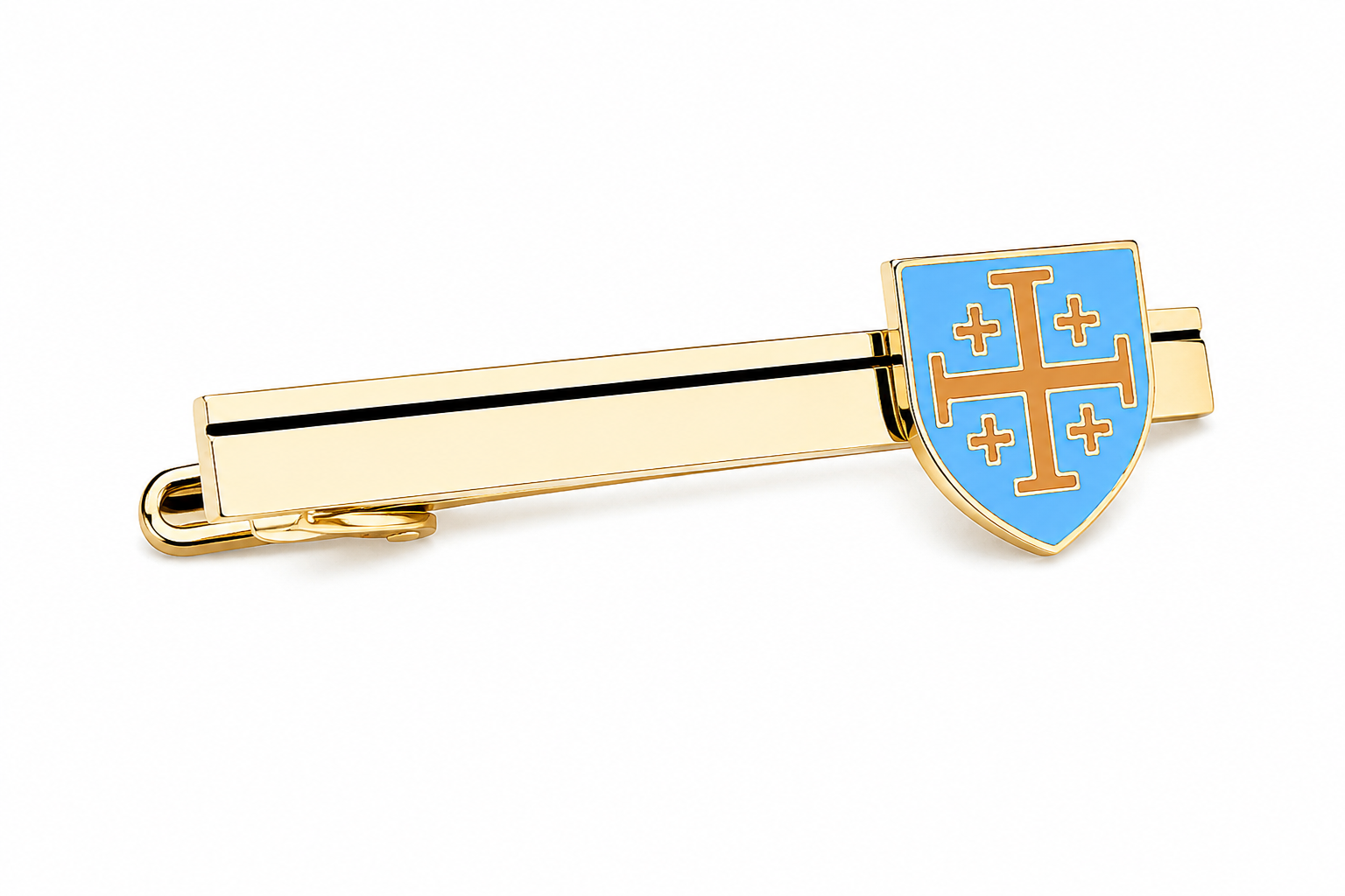 A gold tie bar featuring a shield-shaped blue enamel emblem with a gold cross and four smaller crosses, shown on a plain white background.