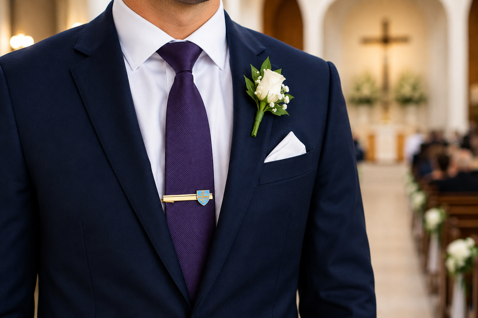 A close-up of a man wearing a navy blue suit, white dress shirt, and a dark purple tie with a gold tie bar. A white pocket square is tucked into the pocket, and a white rose boutonniere is pinned to the lapel.